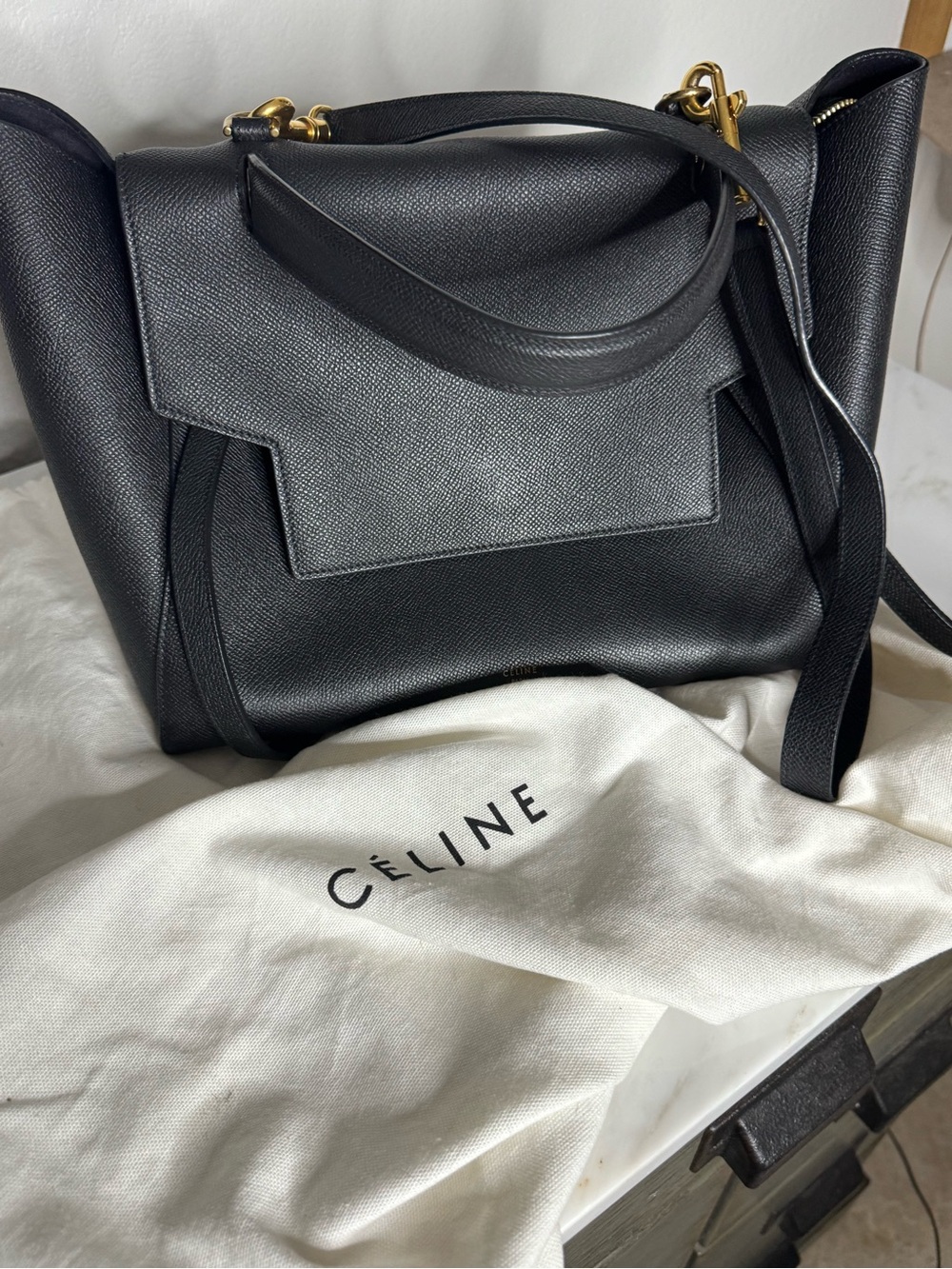 Céline Celine Belt Bag Leather 2 Way Handbag Black EUC